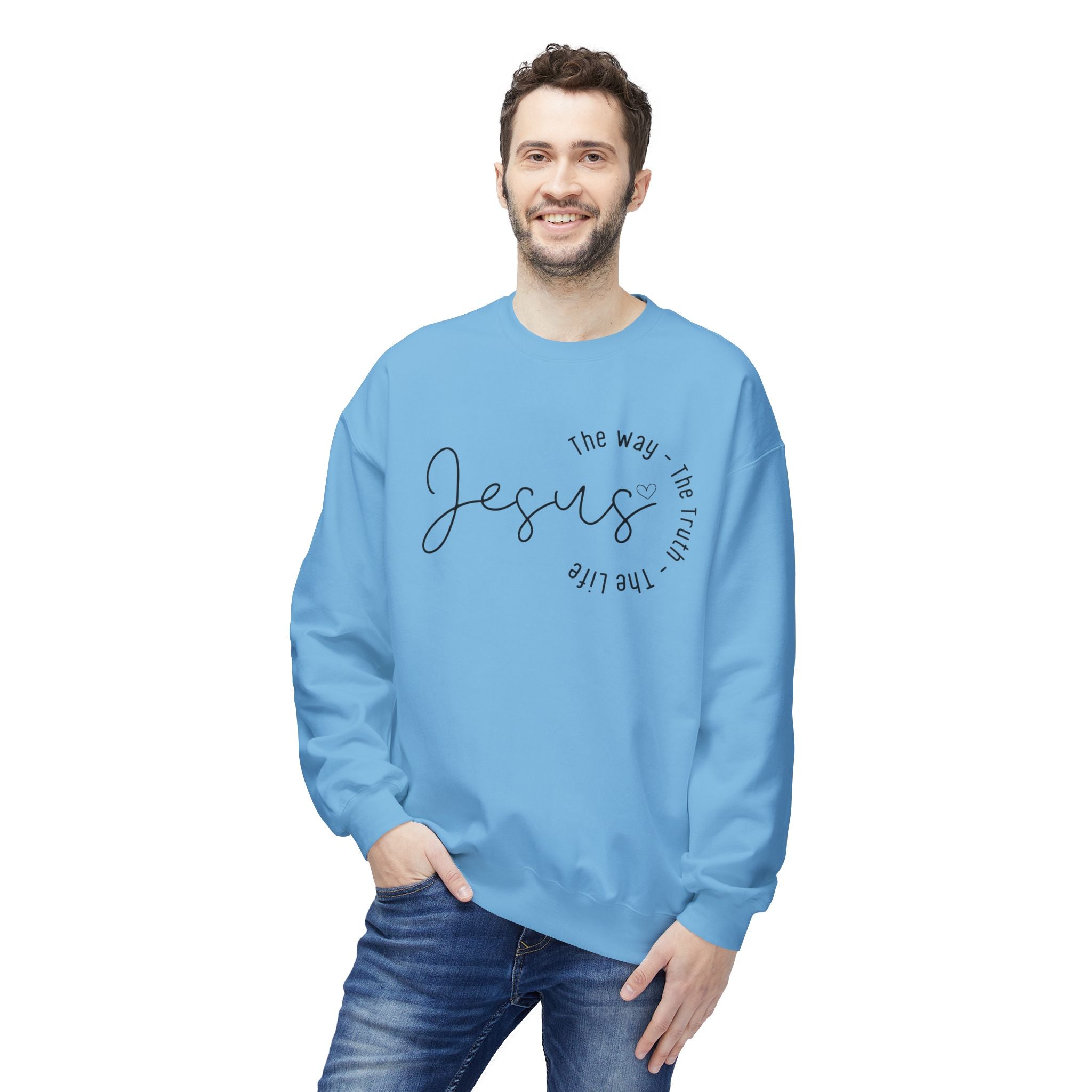 Jesus Circle Script Crewneck Sweatshirt — "Jesus: The Way, The Truth, The Life" Christian Pullover