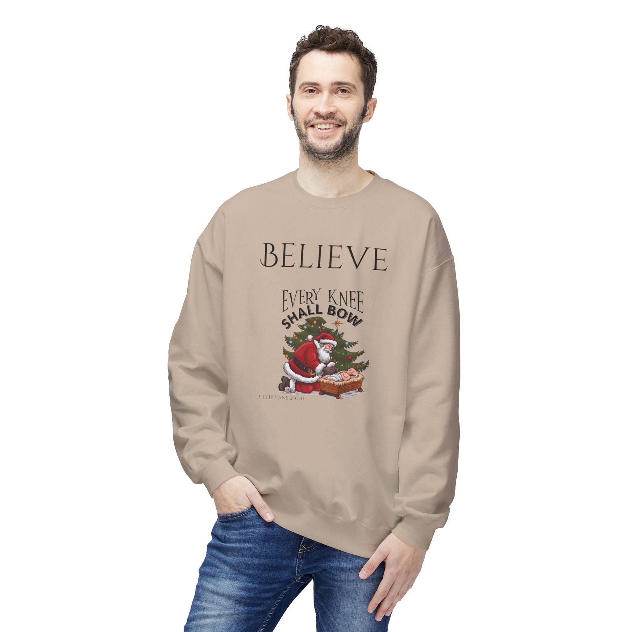 Believe Every Knee Shall Bow Christmas Sweatshirt - Christian Sweatshirts for Women Men - Christmas Sweatshirts for Christians  - Faith Christmas Sweatshirts