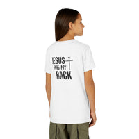 Back design - Youth Tee - "Jesus Has My Back" Cross Christian Graphic Shirt