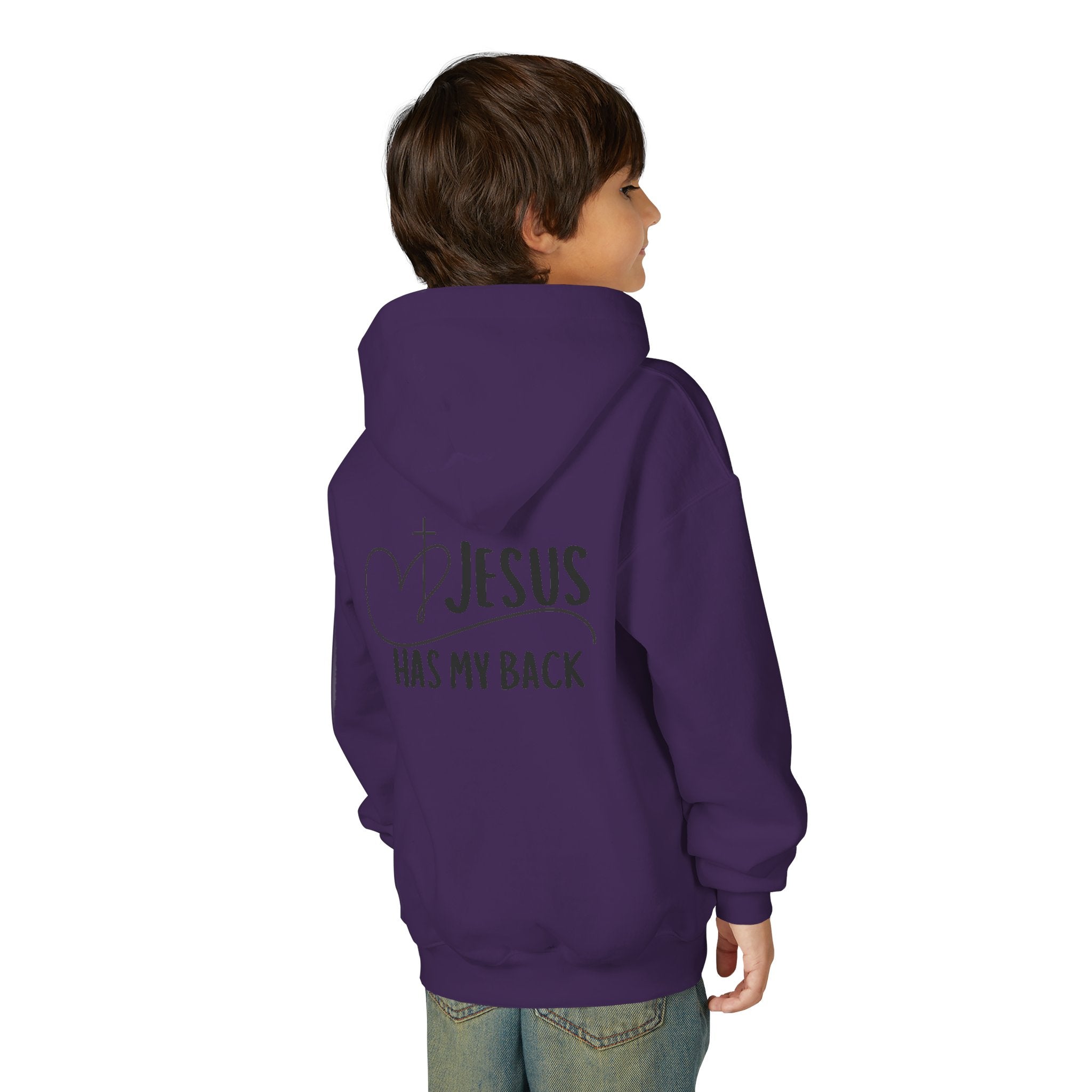 Youth Hoodie — "Jesus Has My Back" Christian Heart Cross Sweatshirt