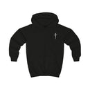 Softstyle Kids Hoodie — "Jesus Has My Back" Christian Youth Pullover with Cross