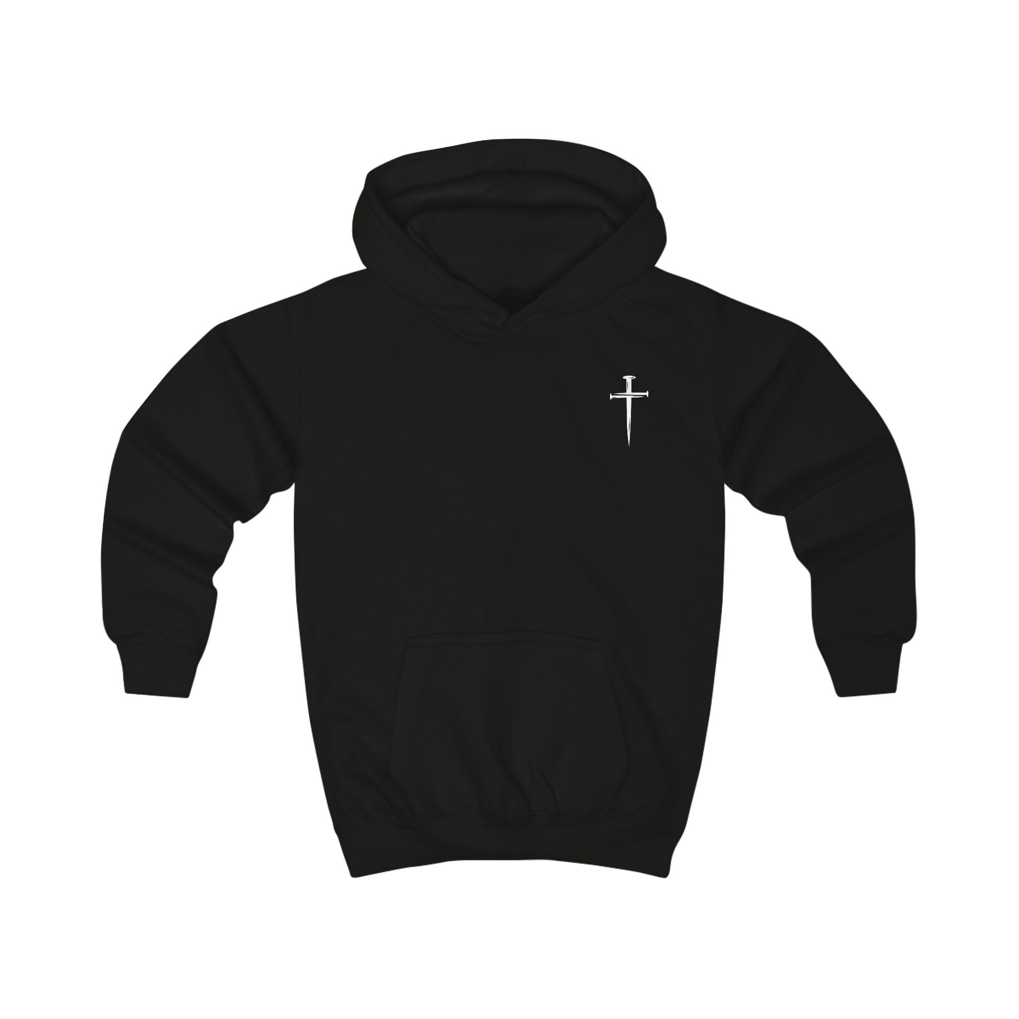 Softstyle Kids Hoodie — "Jesus Has My Back" Christian Youth Pullover with Cross