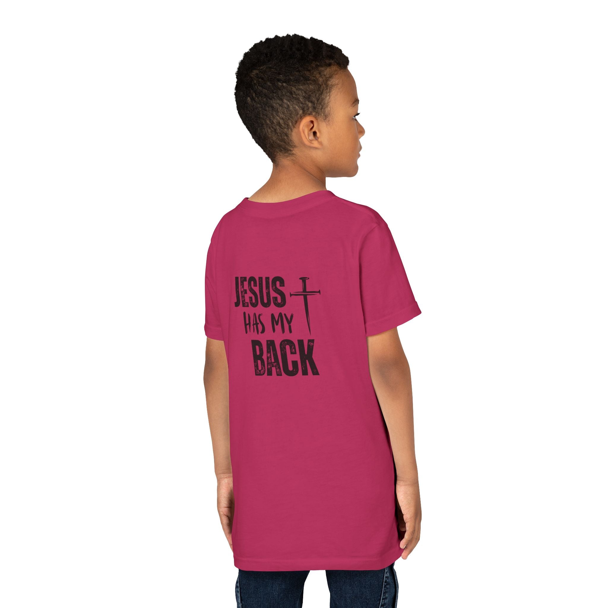 Back design - Youth Tee - "Jesus Has My Back" Cross Christian Graphic Shirt