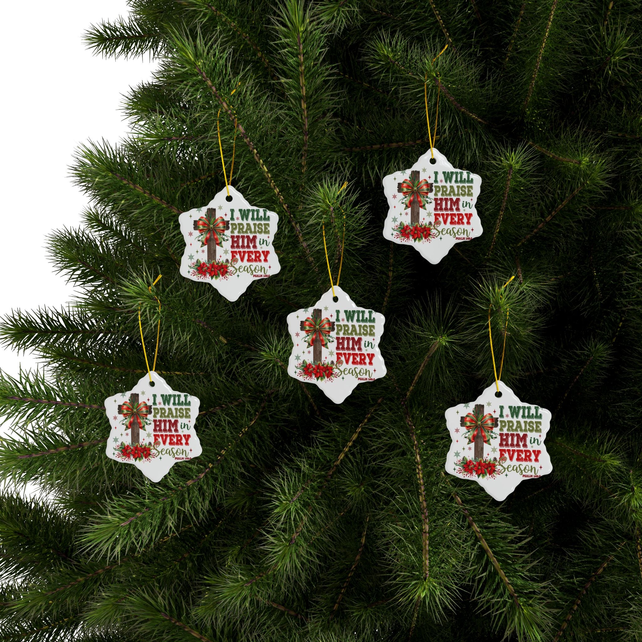 Ceramic Ornament — "I Will Praise Him In Every Season" Nativity Christmas Tree Decoration