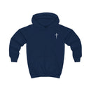 Softstyle Kids Hoodie — "Jesus Has My Back" Christian Youth Pullover with Cross