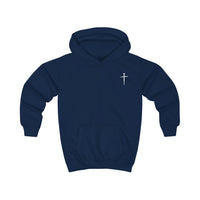 Softstyle Kids Hoodie — "Jesus Has My Back" Christian Youth Pullover with Cross