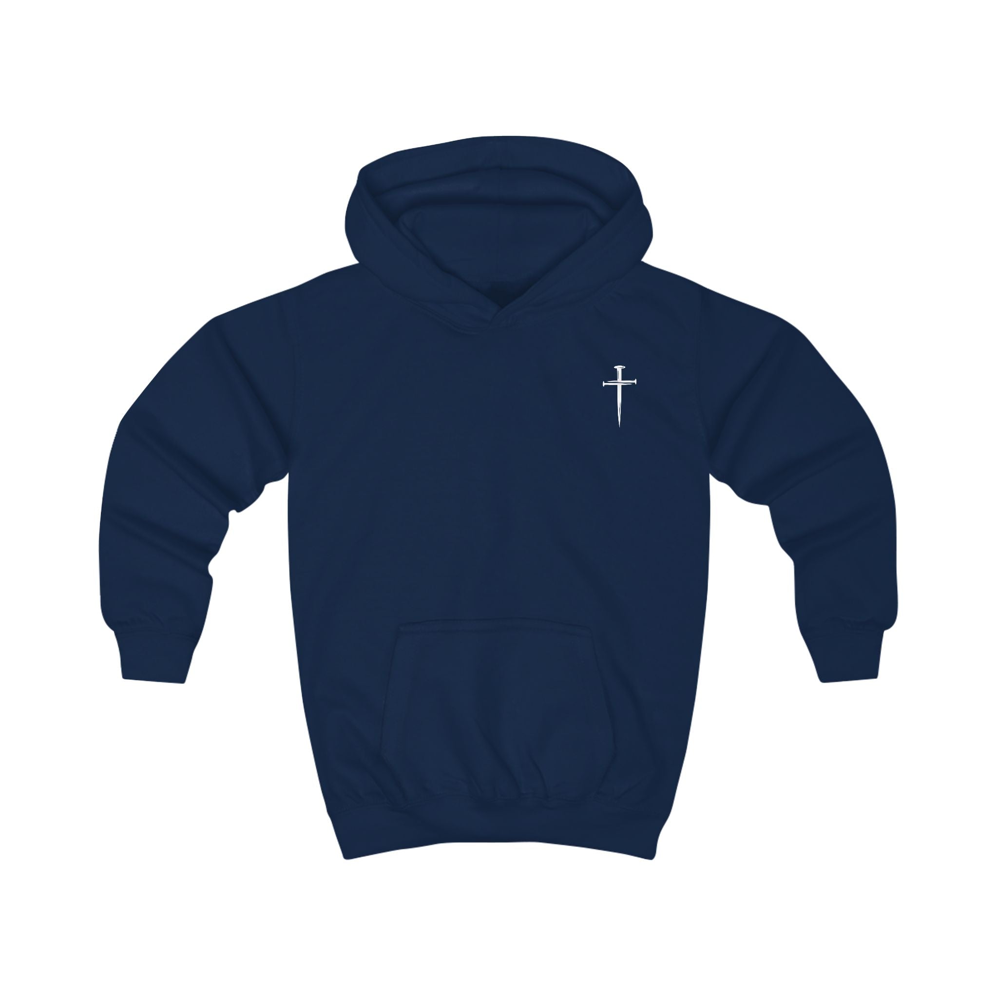 Softstyle Kids Hoodie — "Jesus Has My Back" Christian Youth Pullover with Cross