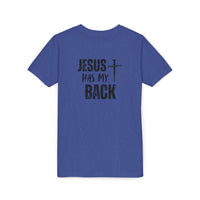 Back design - Youth Tee - "Jesus Has My Back" Cross Christian Graphic Shirt