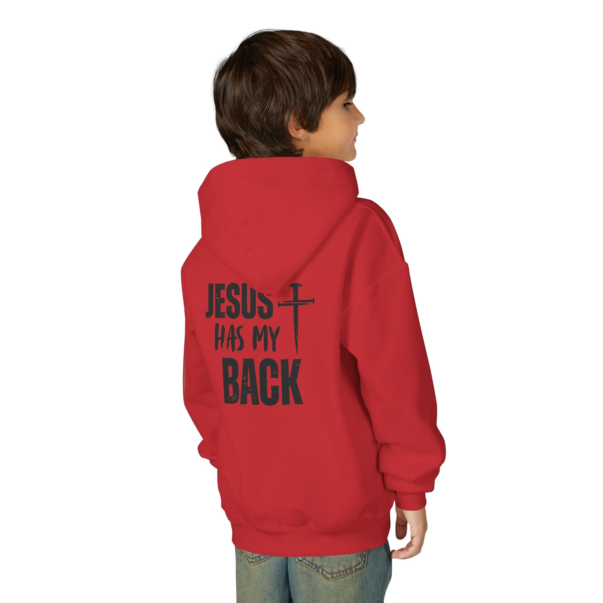 Youth Hoodie - "Jesus Has My Back" Cross Faith Graphic