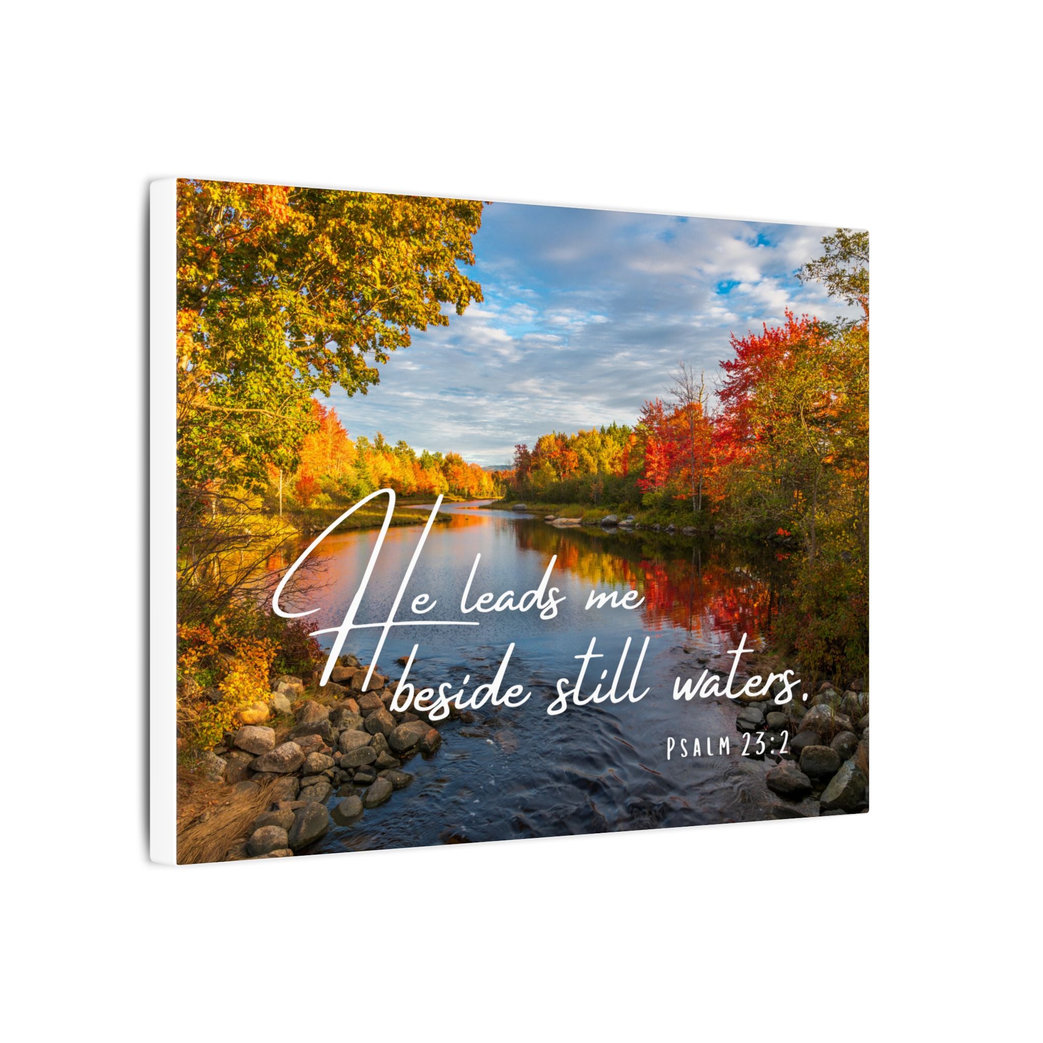 He Leads Me Beside Still Waters Matte Canvas Wall Art — Psalm 23:2 Autumn River Religious Decor