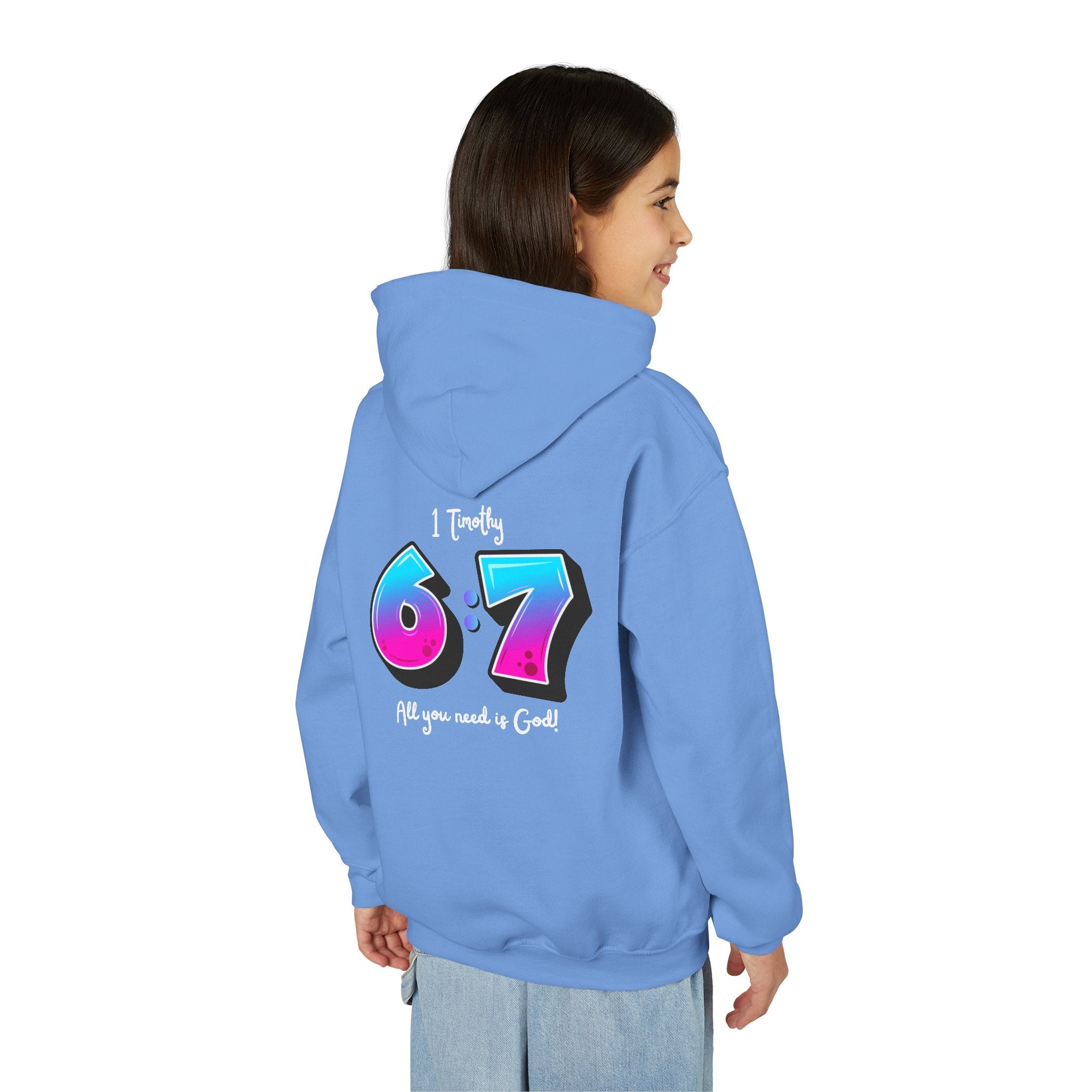 Back design - Youth Hoodie — 'I Timothy 6:7' Colorful Faith Graphic Hoodie (All You Need Is God)