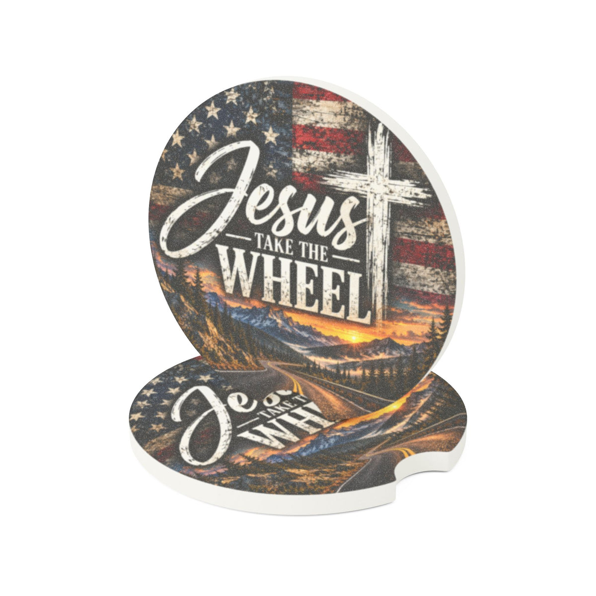 Jesus Take the Wheel – Patriotic Mountain Christian Car Coaster