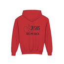 Youth Hoodie — "Jesus Has My Back" Christian Heart Cross Sweatshirt