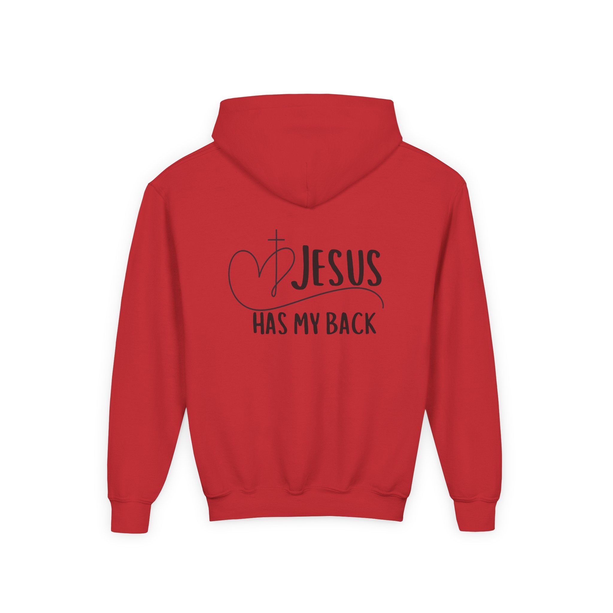 Youth Hoodie — "Jesus Has My Back" Christian Heart Cross Sweatshirt