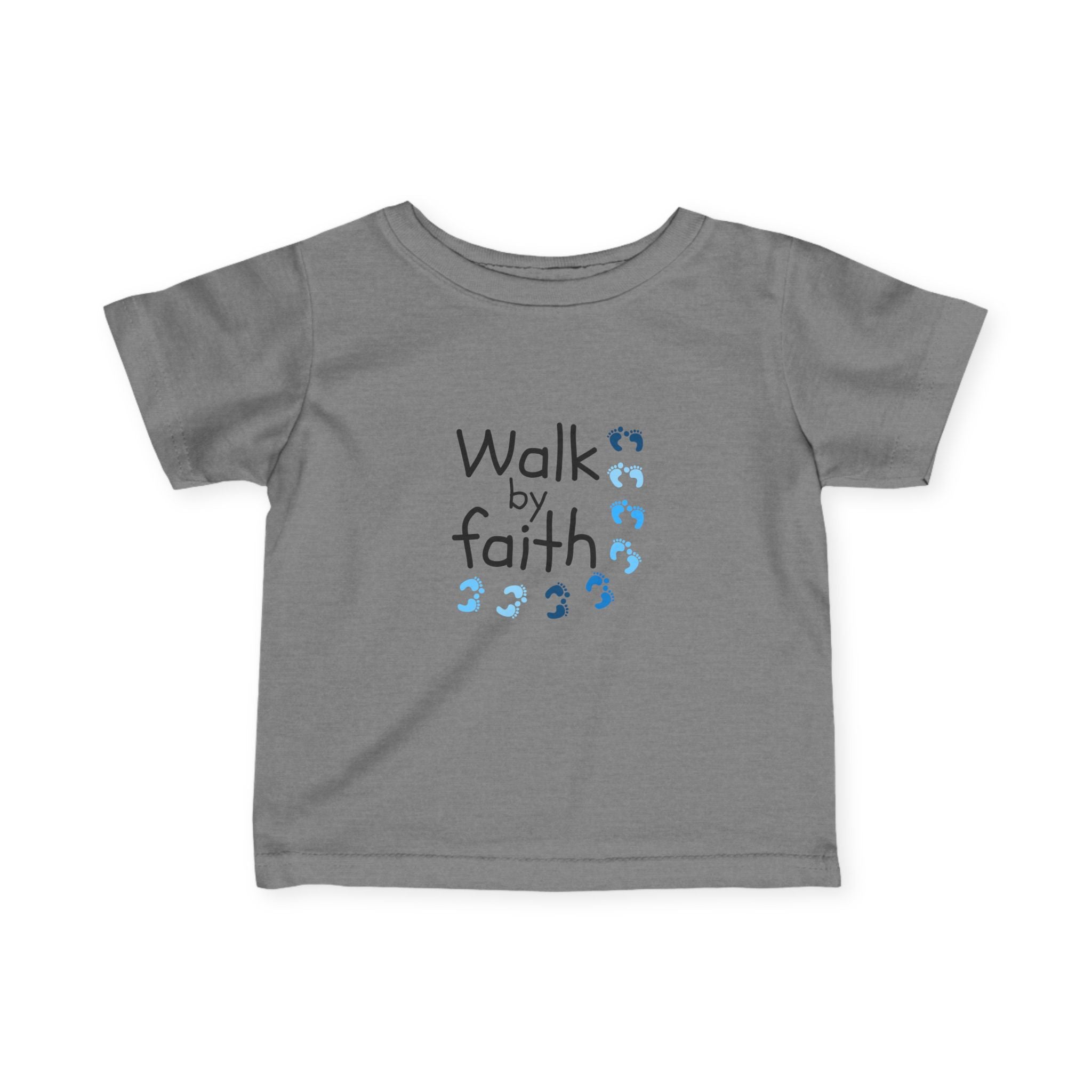 Infant Tee - "Walk by Faith" Baby Shirt with Blue Footprint Design