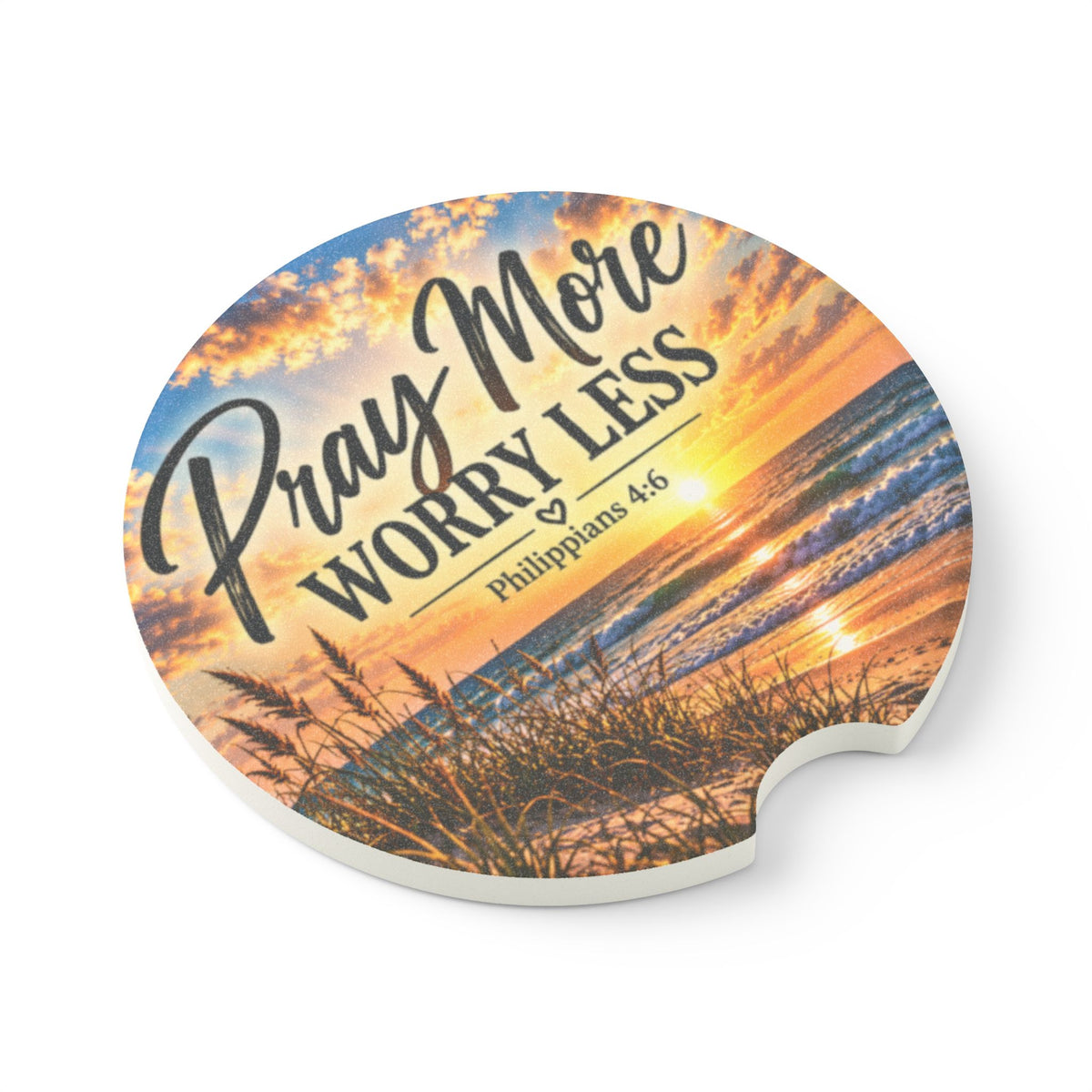 Pray More Worry Less – Beach Sunrise Christian Car Coaster