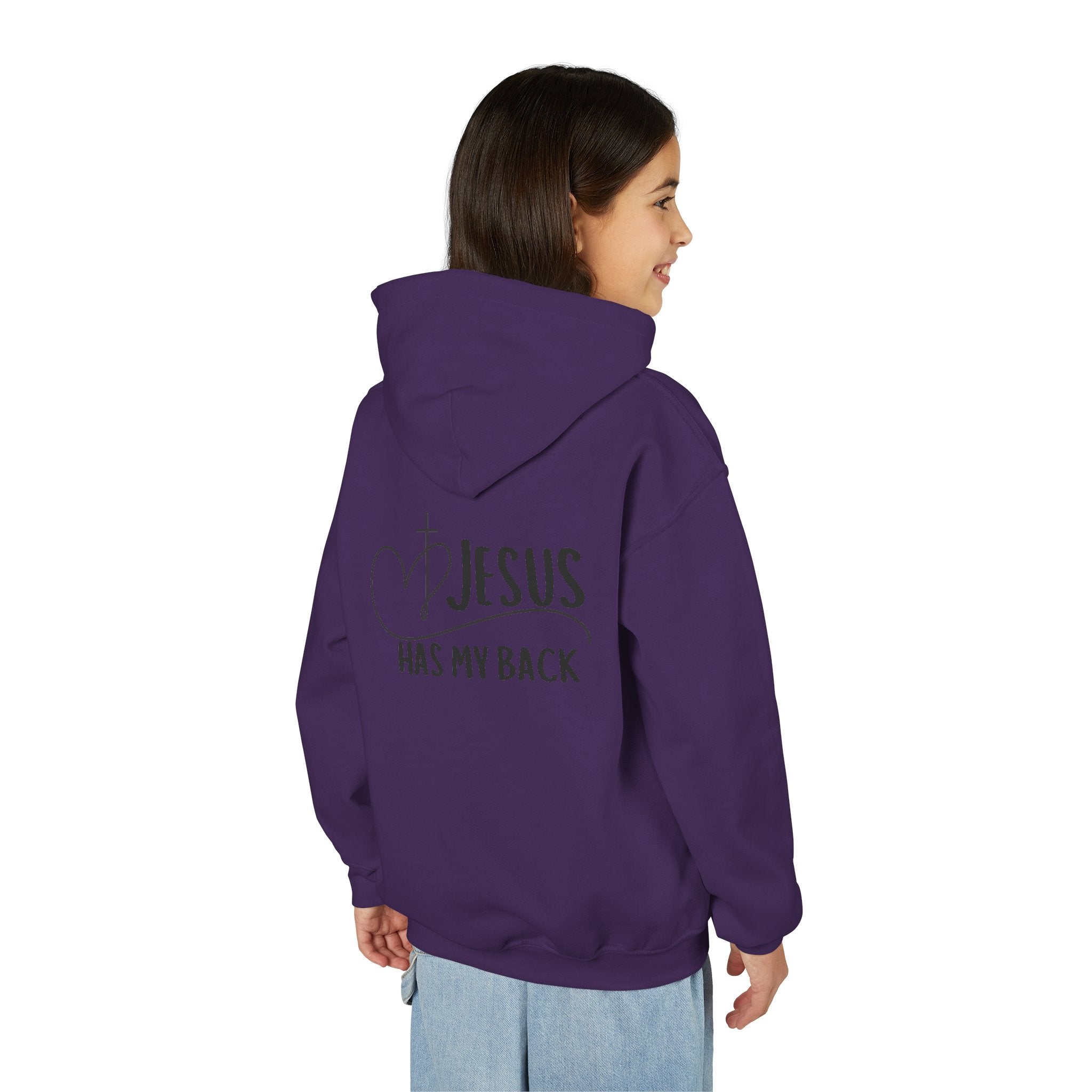 Youth Hoodie — "Jesus Has My Back" Christian Heart Cross Sweatshirt