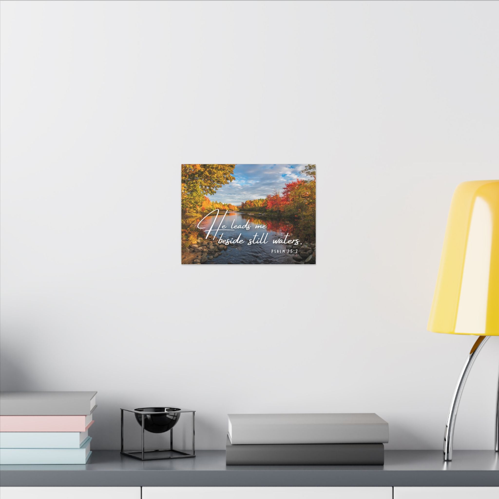 He Leads Me Beside Still Waters Matte Canvas Wall Art — Psalm 23:2 Autumn River Religious Decor