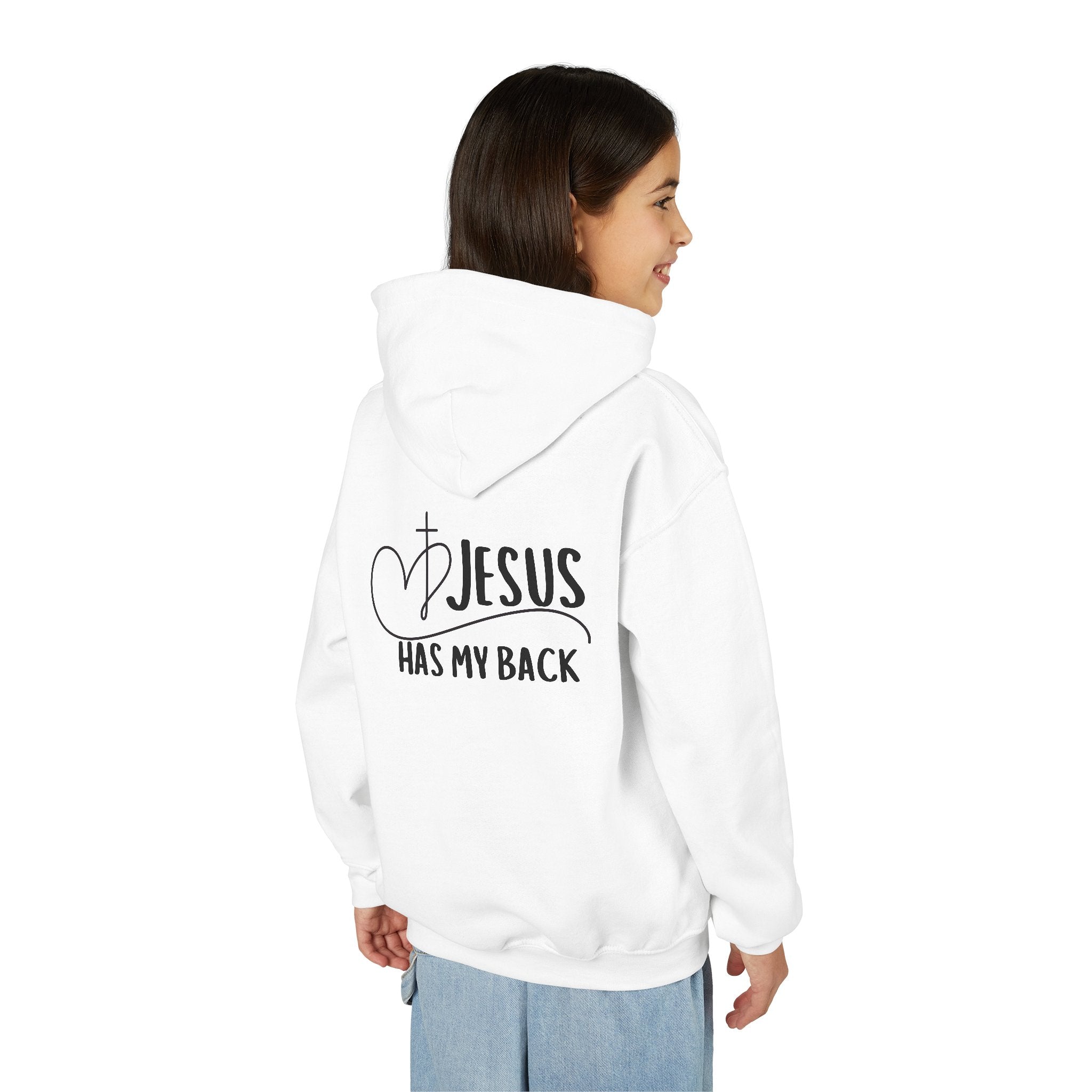 Youth Hoodie — "Jesus Has My Back" Christian Heart Cross Sweatshirt