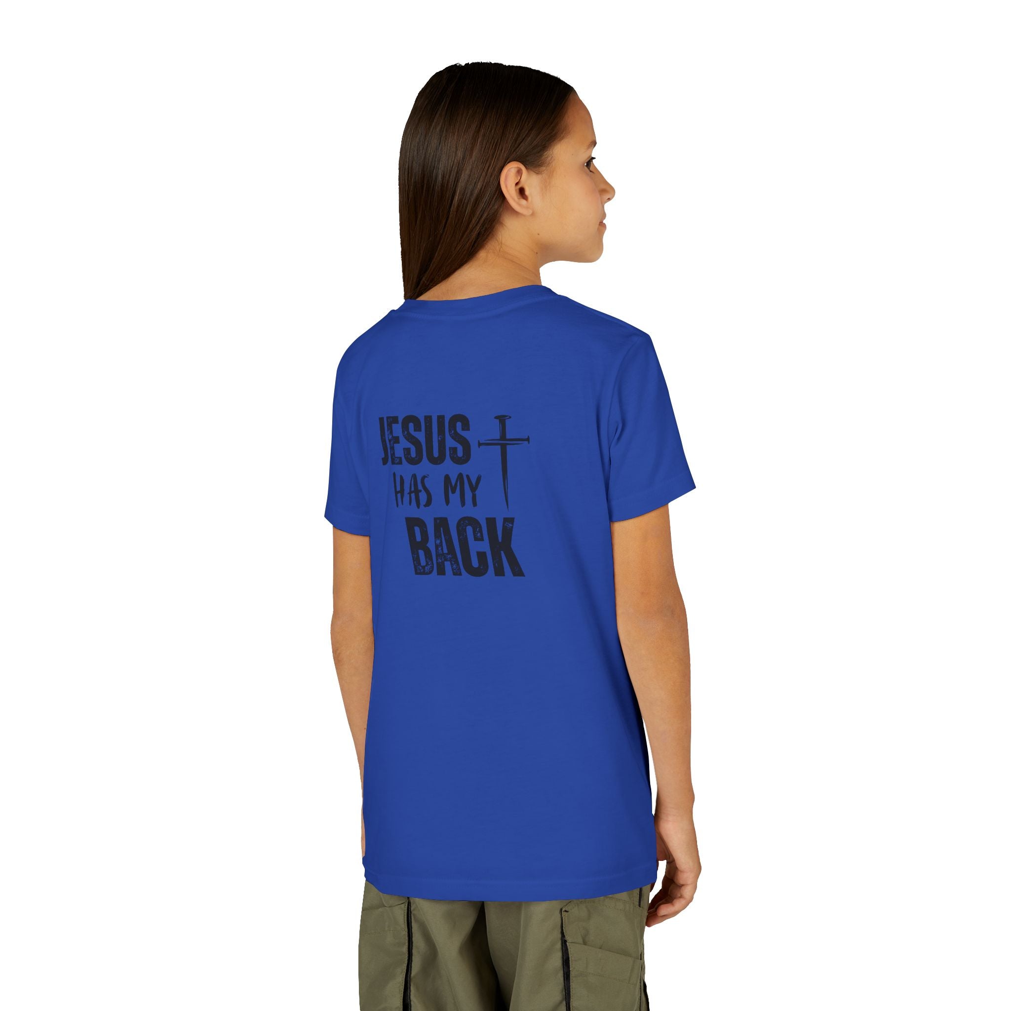 Back design - Youth Tee - "Jesus Has My Back" Cross Christian Graphic Shirt