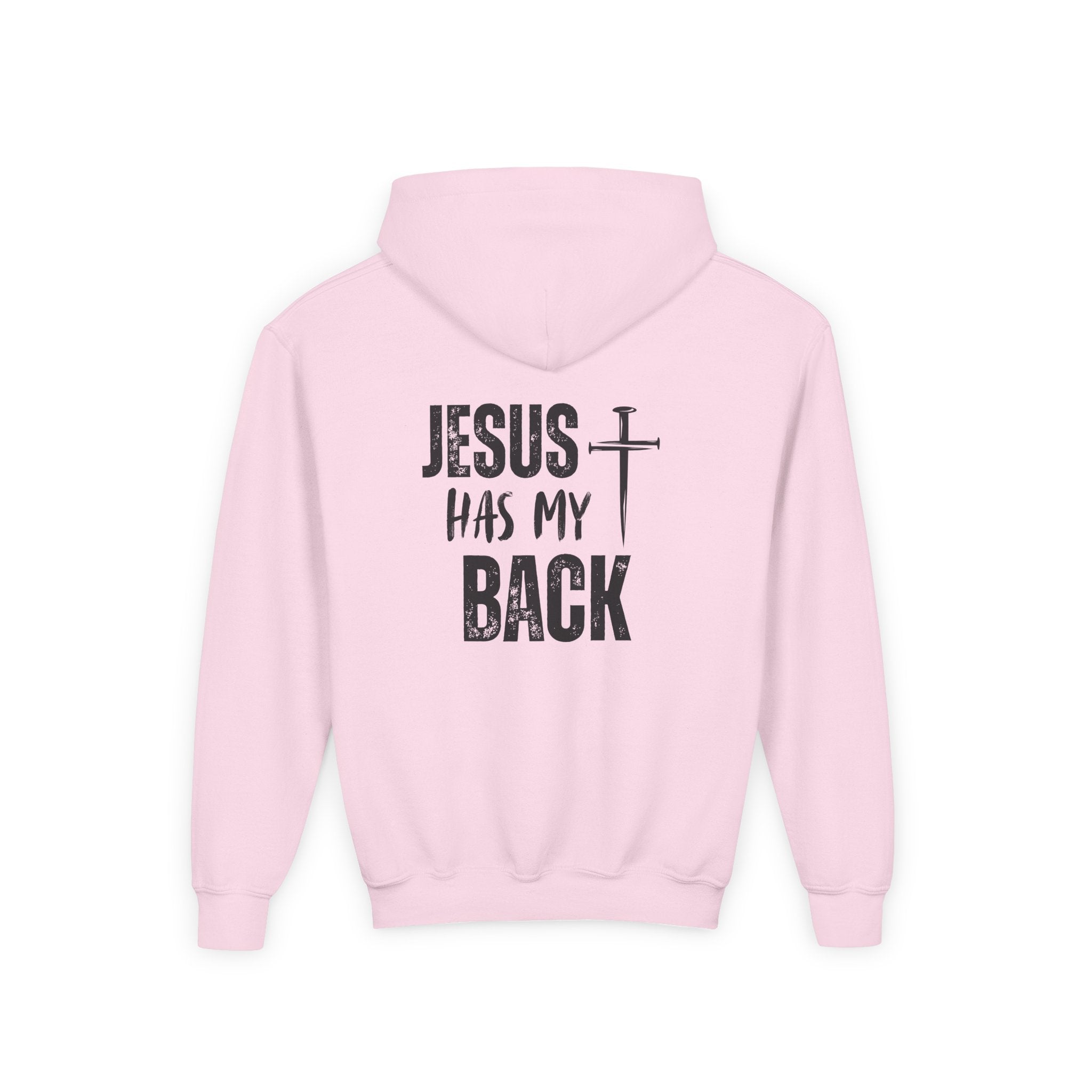 Youth Hoodie - "Jesus Has My Back" Cross Faith Graphic