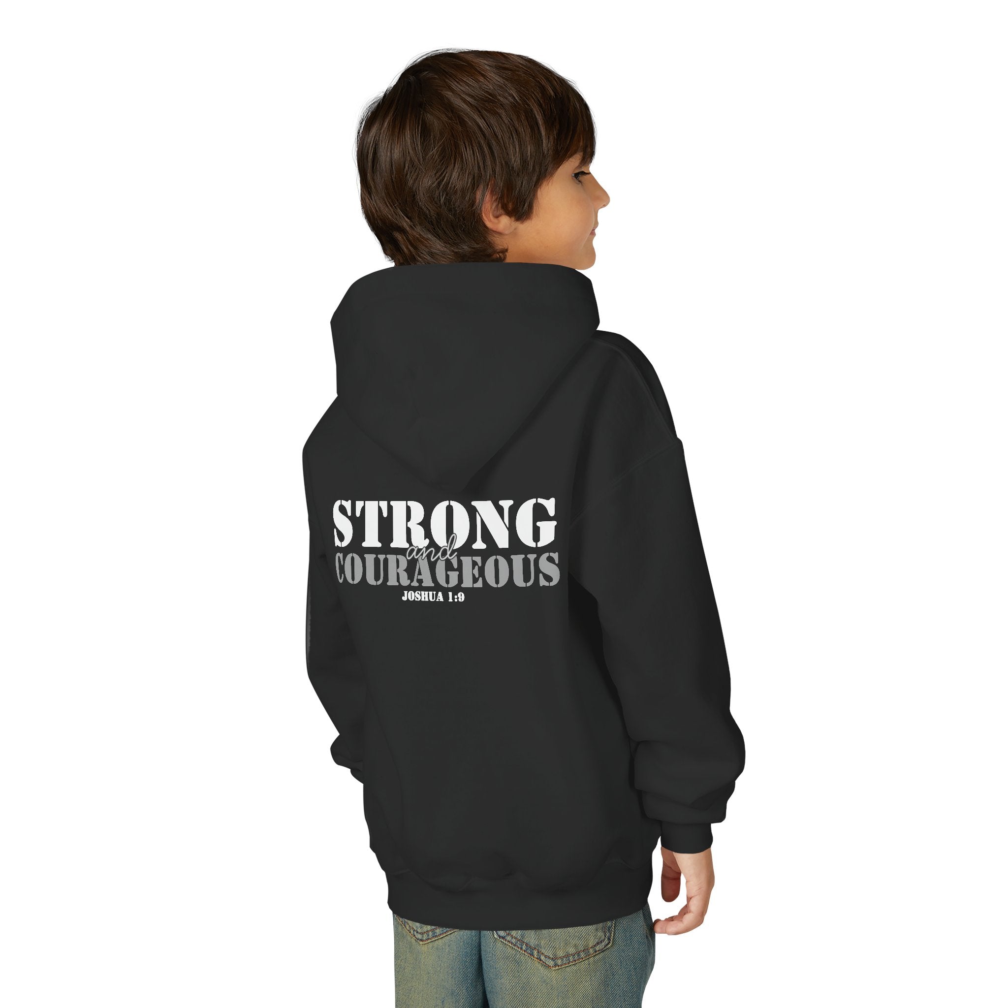 Youth Hoodie — "Strong & Courageous" Inspirational Christian Sweatshirt (Joshua 1:9)