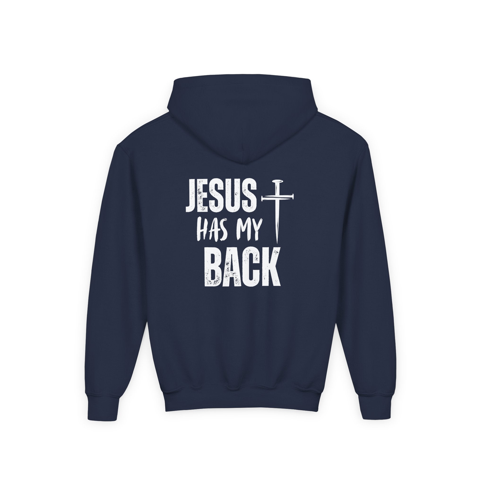Youth Hoodie - "Jesus Has My Back" Cross Faith Graphic