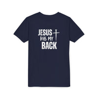 Back design - Youth Tee - "Jesus Has My Back" Cross Christian Graphic Shirt