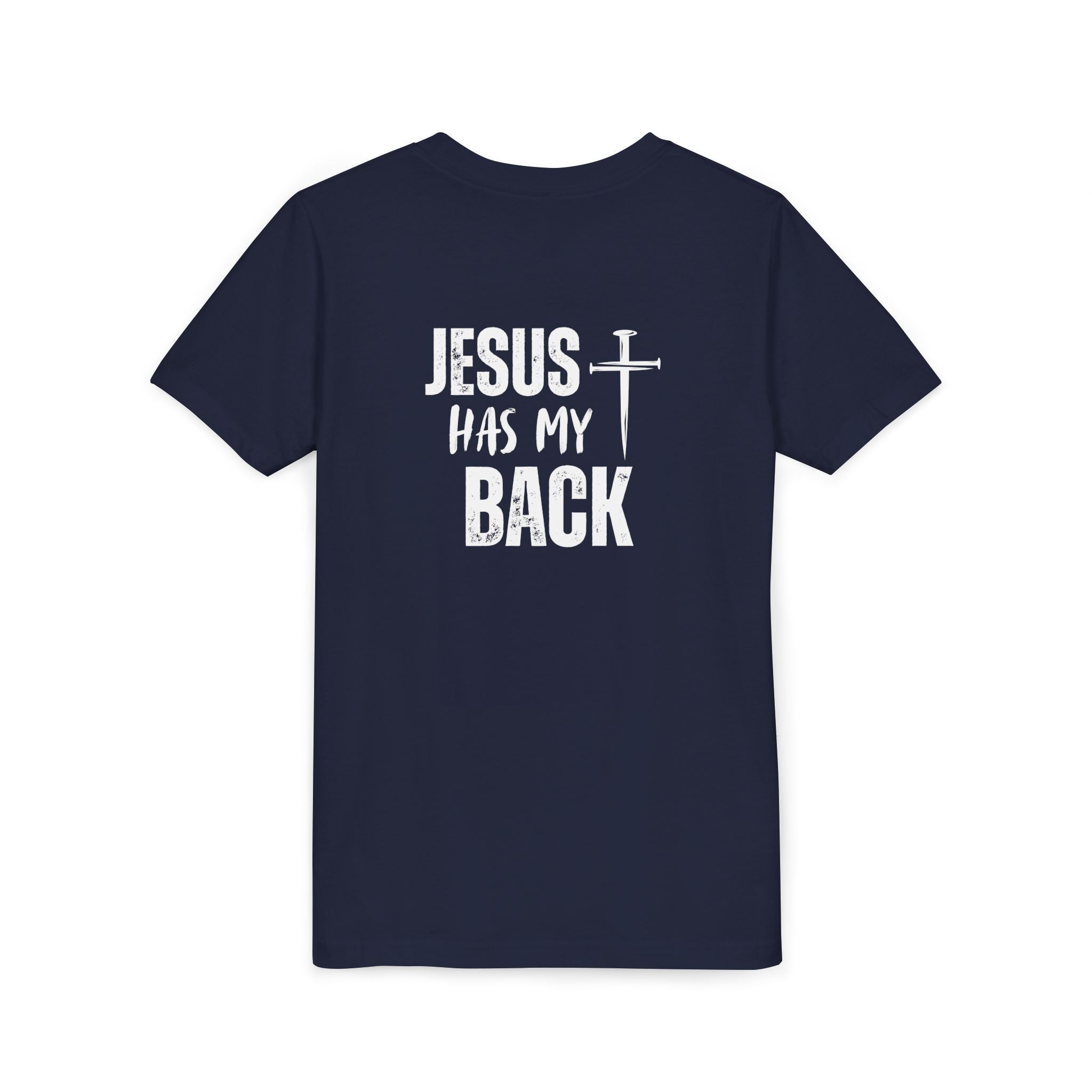 Back design - Youth Tee - "Jesus Has My Back" Cross Christian Graphic Shirt