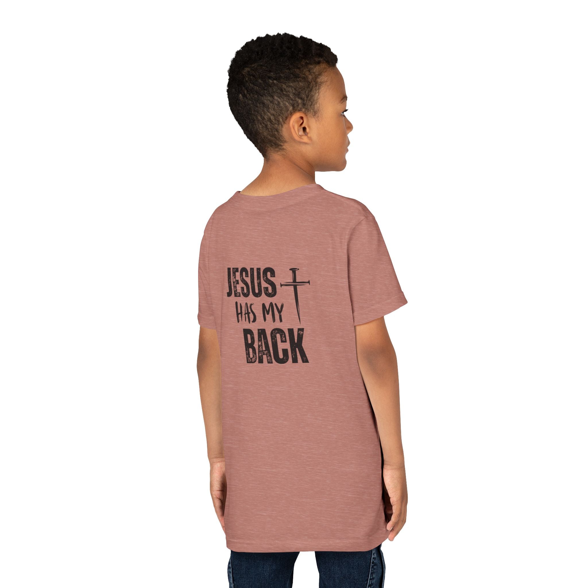 Back design - Youth Tee - "Jesus Has My Back" Cross Christian Graphic Shirt