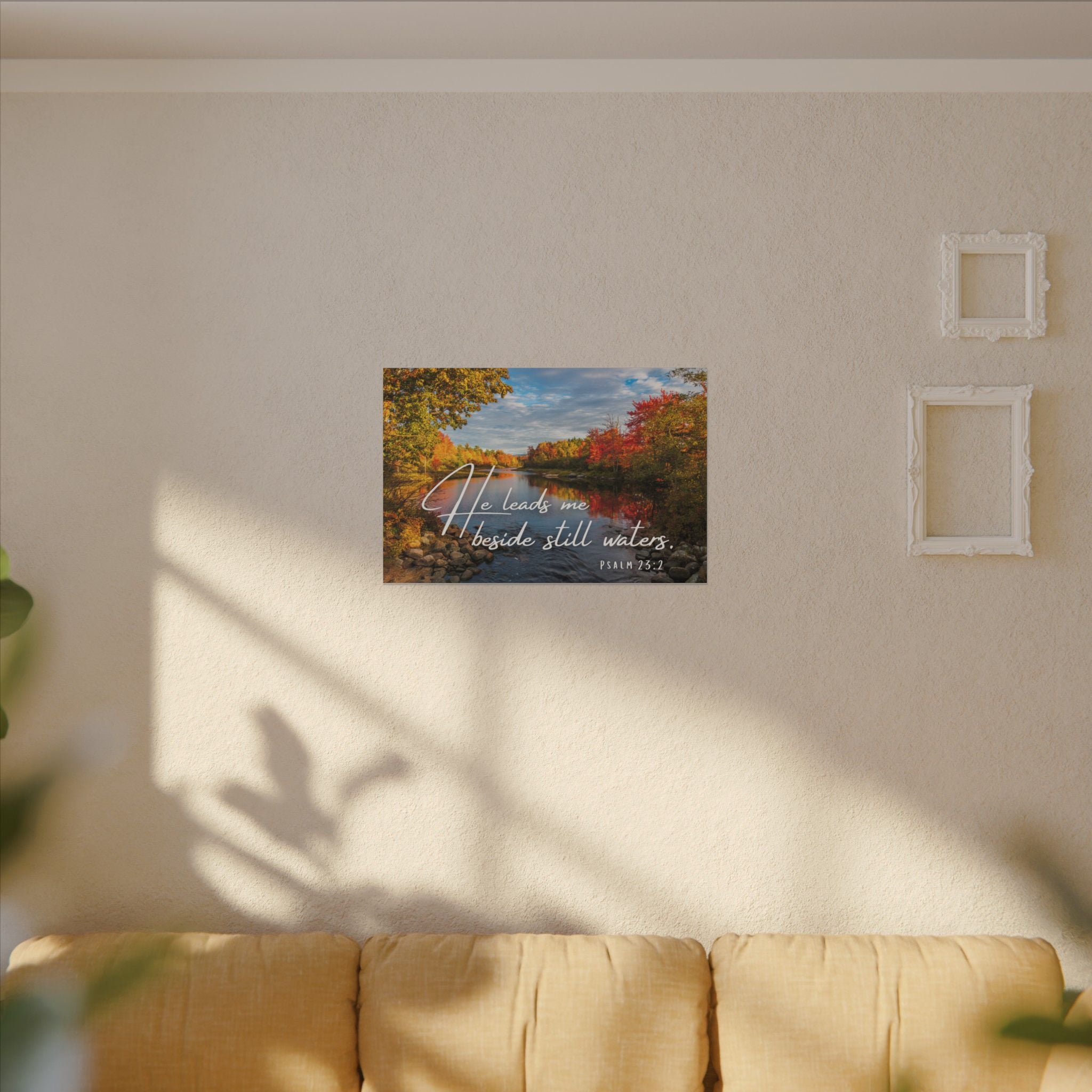 He Leads Me Beside Still Waters Matte Canvas Wall Art — Psalm 23:2 Autumn River Religious Decor