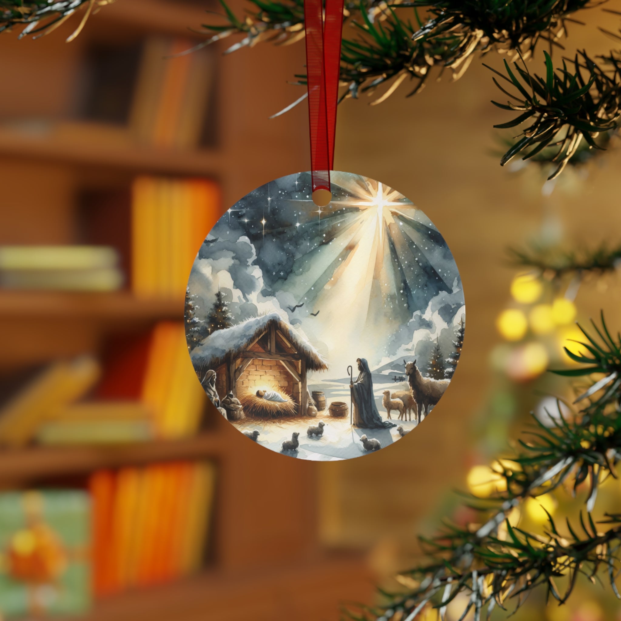 Nativity Scene Metal Ornament — Baby Jesus Manger Christmas Decoration