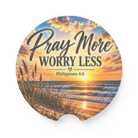 Pray More Worry Less – Beach Sunrise Christian Car Coaster
