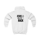 Softstyle Kids Hoodie — "Jesus Has My Back" Christian Youth Pullover with Cross