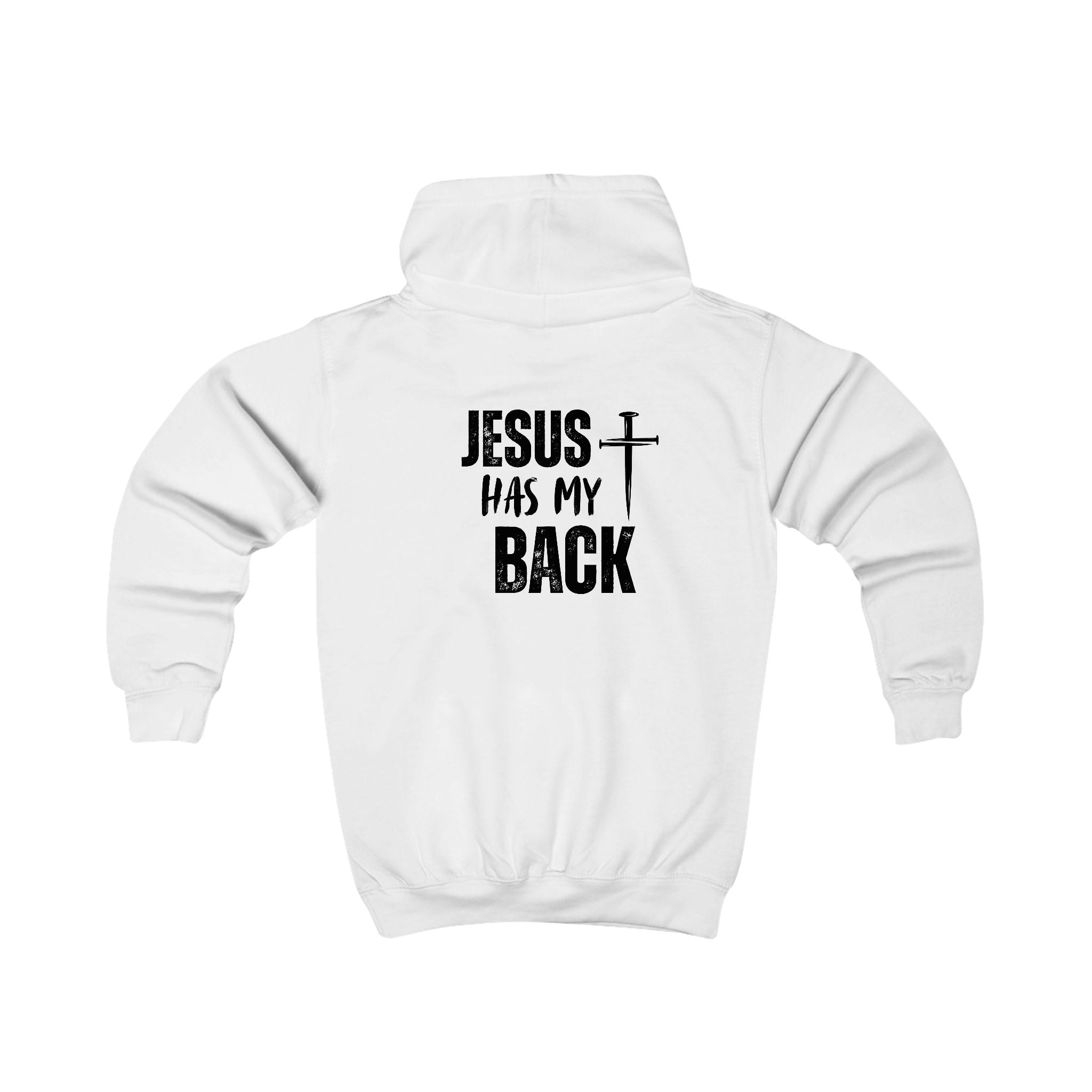 Softstyle Kids Hoodie — "Jesus Has My Back" Christian Youth Pullover with Cross