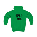 Softstyle Kids Hoodie — "Jesus Has My Back" Christian Youth Pullover with Cross