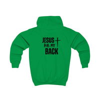 Softstyle Kids Hoodie — "Jesus Has My Back" Christian Youth Pullover with Cross