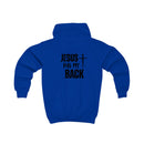 Softstyle Kids Hoodie — "Jesus Has My Back" Christian Youth Pullover with Cross