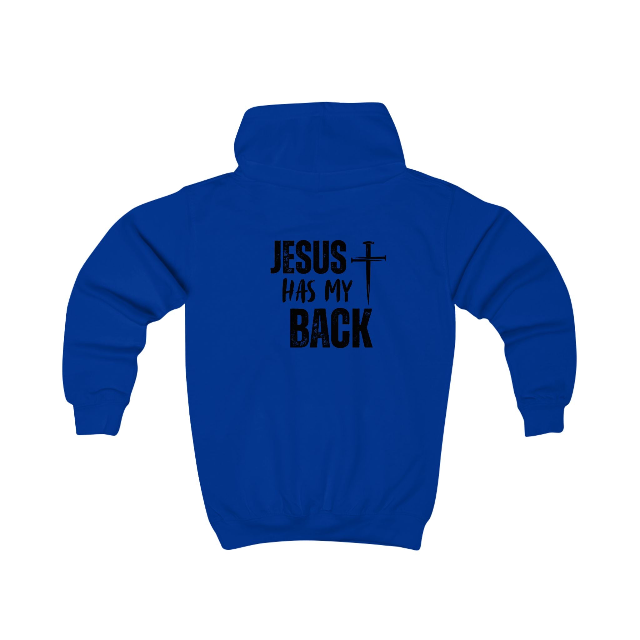 Softstyle Kids Hoodie — "Jesus Has My Back" Christian Youth Pullover with Cross
