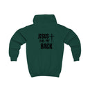 Softstyle Kids Hoodie — "Jesus Has My Back" Christian Youth Pullover with Cross