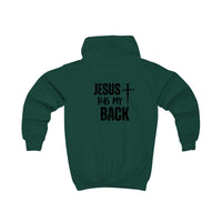 Softstyle Kids Hoodie — "Jesus Has My Back" Christian Youth Pullover with Cross