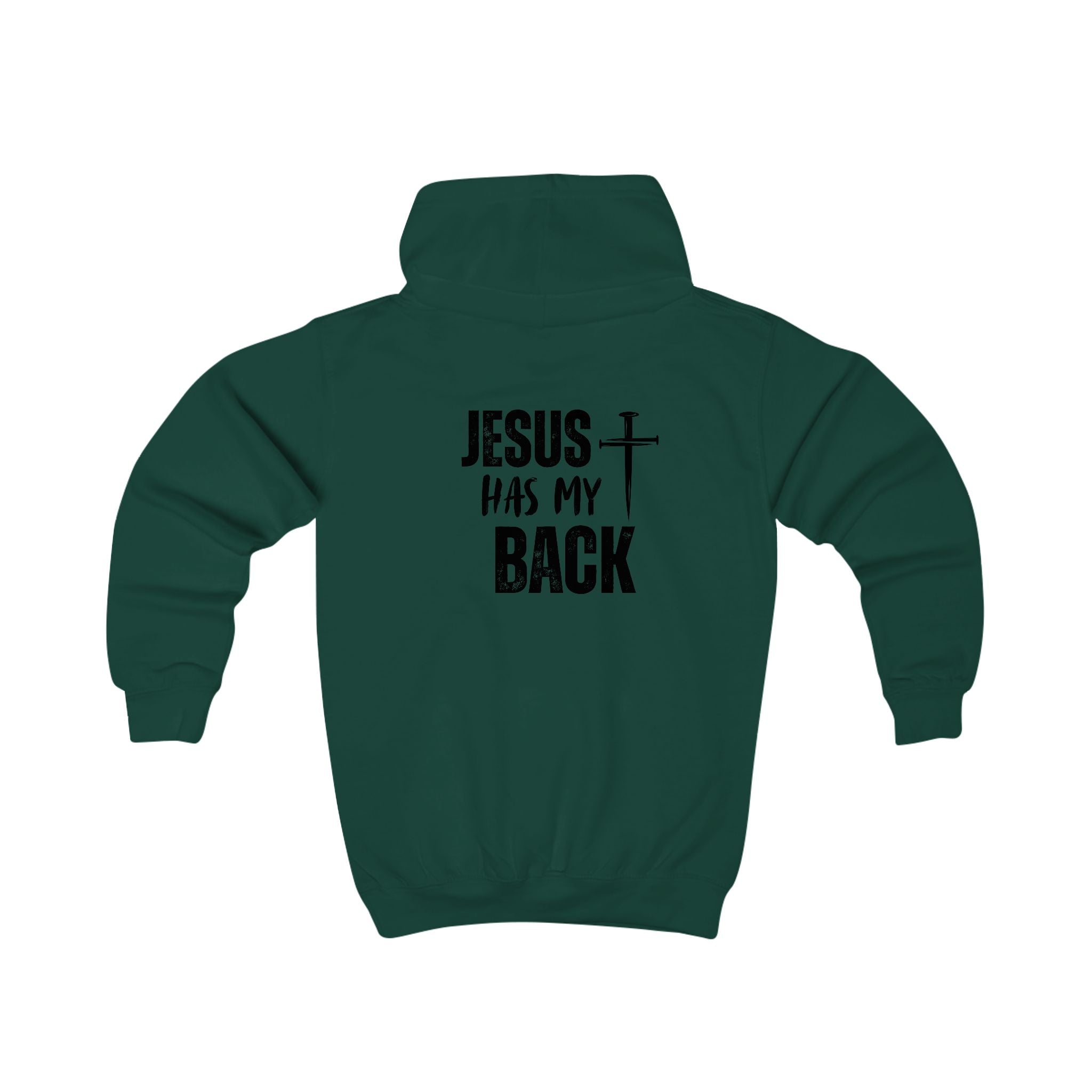 Softstyle Kids Hoodie — "Jesus Has My Back" Christian Youth Pullover with Cross