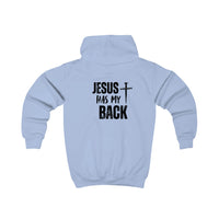 Softstyle Kids Hoodie — "Jesus Has My Back" Christian Youth Pullover with Cross