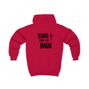 Softstyle Kids Hoodie — "Jesus Has My Back" Christian Youth Pullover with Cross