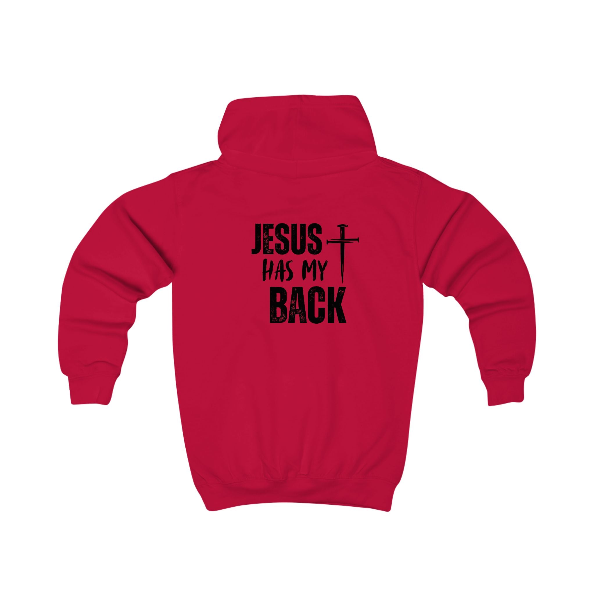 Softstyle Kids Hoodie — "Jesus Has My Back" Christian Youth Pullover with Cross