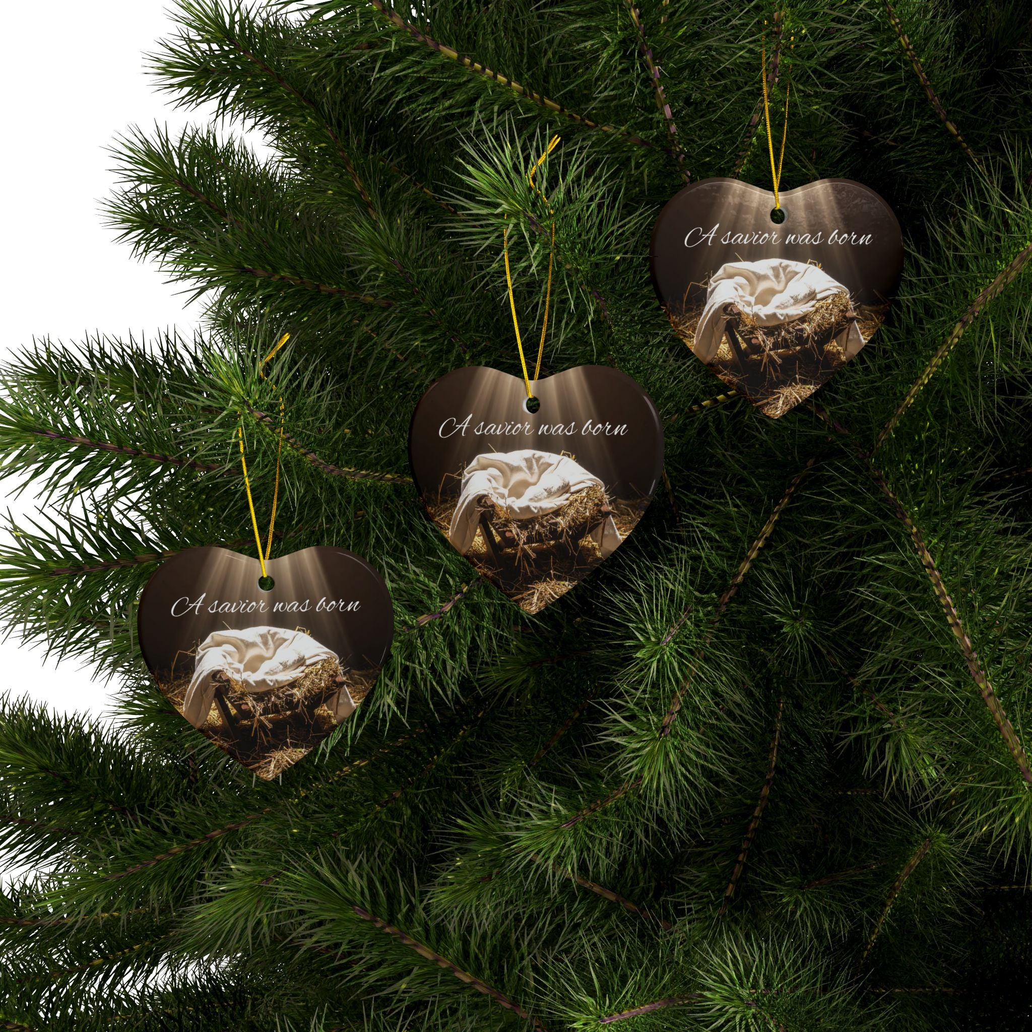 Ceramic Ornament — "A Savior Was Born" Nativity Christmas Tree Decoration