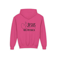 Youth Hoodie — "Jesus Has My Back" Christian Heart Cross Sweatshirt