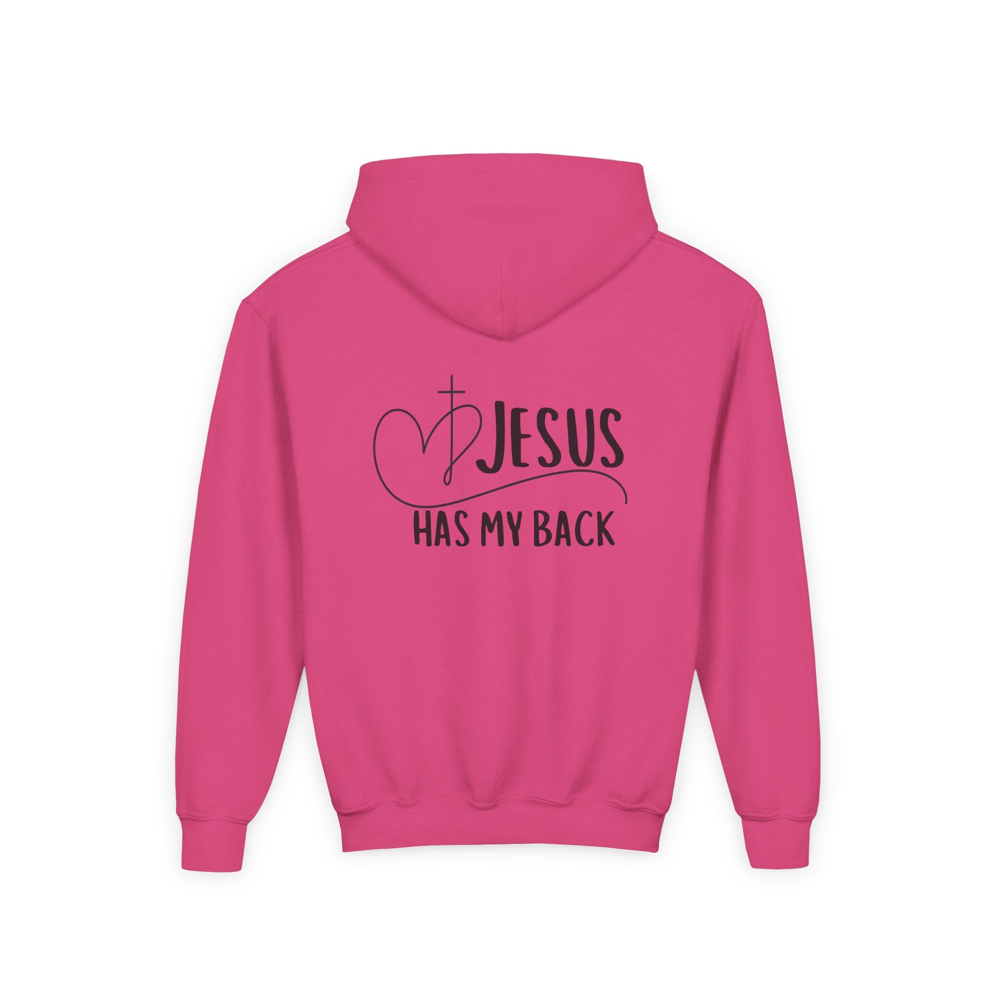 Youth Hoodie — "Jesus Has My Back" Christian Heart Cross Sweatshirt