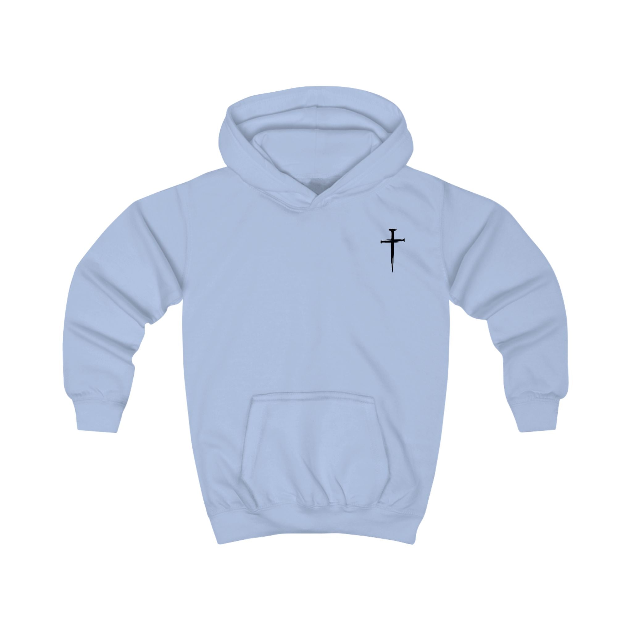 Softstyle Kids Hoodie — "Jesus Has My Back" Christian Youth Pullover with Cross