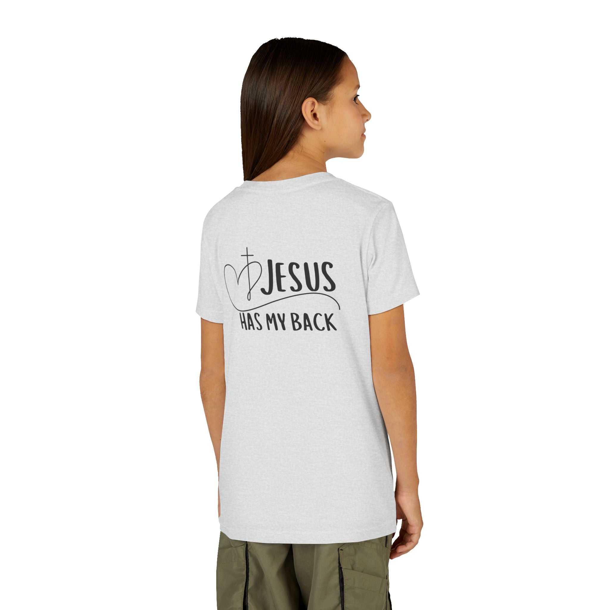 Back design - Youth Tee - "Jesus Has My Back" Christian Faith Shirt